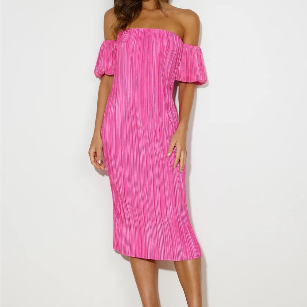 Hello Molly Vibrant Pink Off-Shoulder Midi Dress